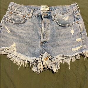 Agolde Frayed Hem Jean Shorts - Light Blue